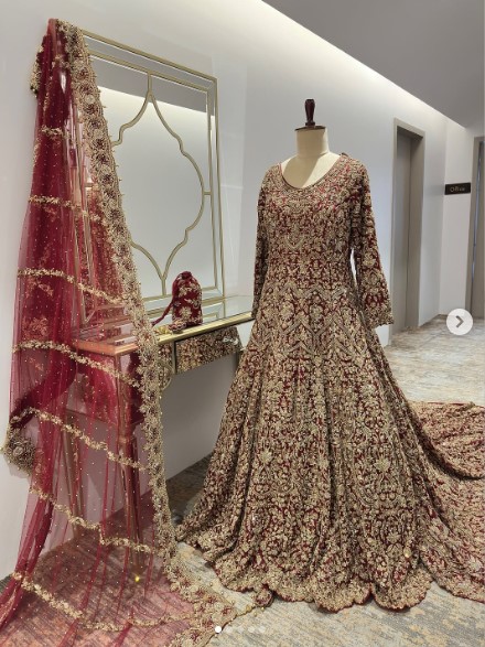 Pakistani bridal long trail gown 2025
Zardosi hand embroidered bridal dress with crystal work