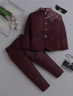 kids jodhpuri Maroon Boys Partywear Suit with Floral Embroidery - DN-1028