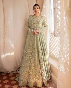 Designer Green Pakistani Wedding Walima Long Anarkali with lehenga and Embellishment - DN-1405