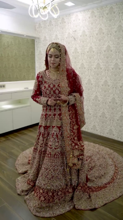 Red Traditional Pakistani Bridal Gown with Long Trail and Embellishment - DN-1473