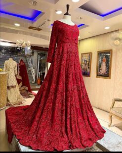 TRADITIONAL RED BRIDAL LONG TRAIL GOWN WITH EMBELLISHMENT - DN-1678