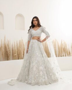 White Classy Designer Wedding Lehenga Choli with long sleeves and Embroidery Bespoke - DN-1190