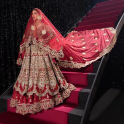 Red Traditional Pakistani Bridal Embroidered Long Anarkali with lehenga and long veil Bespoke - DN-1188