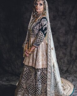 Golden and Blue Designer Pakistani Waleema Peplum with Long Trail Lehenga - DN-1545