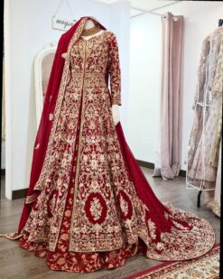 Red Classy Designer Pakistani Bridal long Trail split Anarkali with lehenga and Embroidery Bespoke - DN-1141