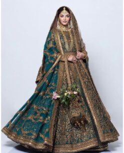 Designer Green and Golden Pakistani Walima long Anarkali with lehenga and Embellishment - DN-1375