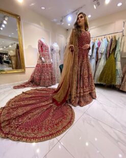 PAKISTANI RED LONG TRAIL WEDDING LEHENGA WITH EMBELLISHMENT - DN-1684