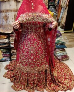 Classy Designer Pink Kurti with Golden Frill long Trail Lehenga and Embellishment - DN-1445