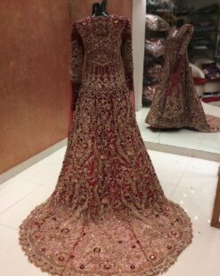 RED VELVET LONG TRAIL BRIDAL GOWN WITH HANDWORK - DN-1987