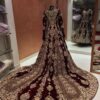 Wedding Maroon Velvet Bridal Long Trail Gown with Embellishment - DN-1989
