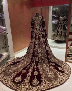 Wedding Maroon Velvet Bridal Long Trail Gown with Embellishment - DN-1989