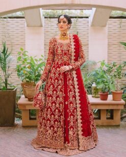 Red Designer Bridal Long Split Anarkali with lehenga and Embroidery - DN-1442