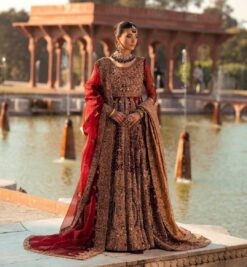 Classy Red Designer Pakistani wedding long split Jacket with lehenga and Embroidery Bespoke - DN-1131