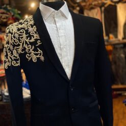 Black Designer Partywear Tuxedo Suit with One Side Golden Flower Embroidery - DN-1310