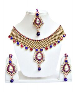 Elegant Magenta Blue Guluband Necklace Set With Maang Tika - DN-2027