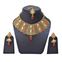 Designer Wedding Maroon And Green With Gold Plated Necklace With Mangtika Set - DN-2028