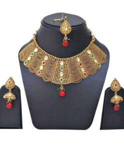 Designer Wedding Maroon And Green With Gold Plated Necklace With Mangtika Set - DN-2028