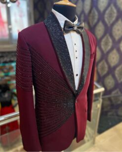 Red Designer Reception Tuxedo Suit with Sequence work Bespoke - DN-1268