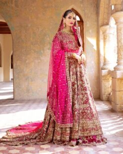 Pink Traditional Designer Wedding Long Trail Anarkali with lehenga and Embellishment - DN-1440