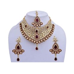 Maroon Designer Wedding And Engagement Necklace With Mang Tika Set - DN-2029