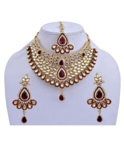 Maroon Designer Wedding And Engagement Necklace With Mang Tika Set - DN-2029