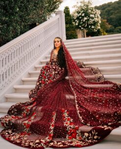 MAROON WEDDING LONG TRAIL BRIDAL GOWN WITH HAND MADE - DN-1676