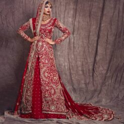 Red Designer Pakistani Wedding long Trail Lehenga with split jacket and Embroidery Bespoke - DN-1121