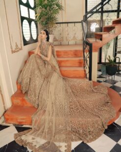 Golden Classy Indian Bridal long Trail Lehenga with sequence work and Embroidery Bespoke - DN-1124