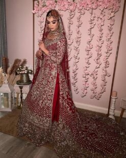 Red Designer Pakistani Bridal Long Trail Frill Lehenga with kurti and Embellishment - DN-1437