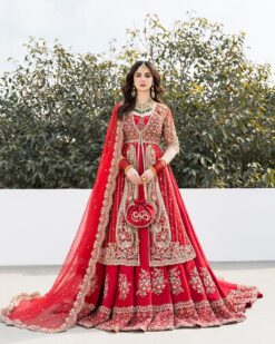 Red Gorgeous Pakistani wedding lehenga with Short split Jacket and Embellishment - DN-1358