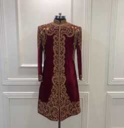 Maroon Designer Groom Sherwani with Golden Embroidery Bespoke made to order - DN-1258