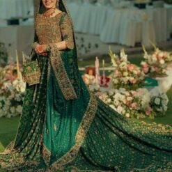 PAKISTANI GREEN EMBROIDERY RECEPTION GOWN WITH LONG TRAIL - DN-1670