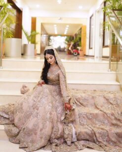 IVORY PAKISTANI WEDDING LONG TRAIL GOWN WITH HAND WORK - DN-1669