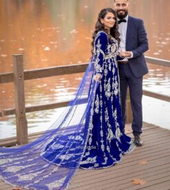Blue Designer Wedding long Trail Gown with Golden Embroidery Bespoke - DN-1247