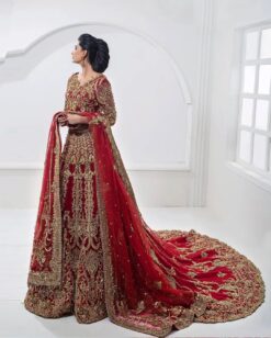Red Designer Indian and Pakistani Bridal long Trail Lehenga with Golden Embroidery - DN-1401