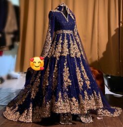 Classy Designer Blue Long Trail Anarkali with lehenga and Golden Embroidery Bespoke - DN-1248