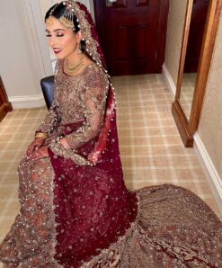 TRADITIONAL LONG TRAIL WEDDING GOWN WITH GOLDEN EMBROIDERY - DN-1902