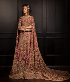 Red Designer Pakistani Bridal Long Trail Gown with Embellishment - DN-1556