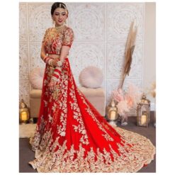 Traditional Red Designer Bridal long Trail lehenga with crop top and Embroidery Bespoke - DN-1246