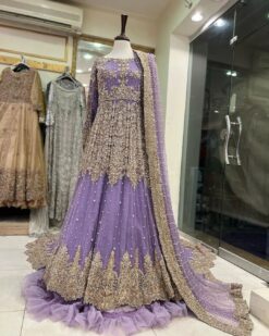 Classy Purple Designer Pakistani Wedding long Trail Gown with Embroidery Bespoke made  to order - DN-1226