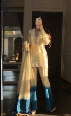 Designer Ivory Bell Bottom Suit Pakistani Style Kurta with Pants & Dupatta - DN-1006