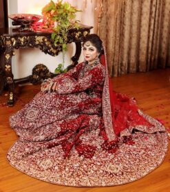 TRADITIONAL PAKISTANI BRIDAL LONG TRAIL LEHENGA WITH GOLDEN EMBROIDERY - DN-1668
