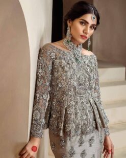 Wedding Grey Bridal Lehenga With Silver Embroidery & Short Peplum Blouse – DN-1956