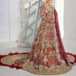 Red and Orange Designer wedding and Walima long Trail Anarkali with lehenga and Embellishment - DN-1343