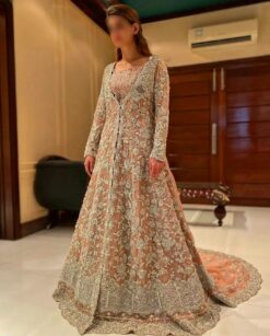 Designer Ivory Pakistani Waleema Long Trail Split Jacket with Embroidered Lehenga - DN-1539
