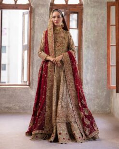 Golden Designer wedding Anarkali with Lehenga and Red Dupatta and Embellishment - DN-1429
