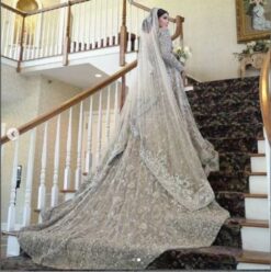 Pakistani Long Trail Wedding Designer lehenga Anarkali Floor Length Bridal reception Ivory Hand beaded Handmade Custom Bespoke Gown Maxi Indian - DN-2010