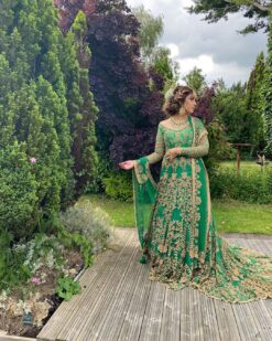 Reception Green Long Trail Bridal Gown with Golden Embroidery, - DN-1967