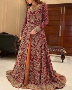 Red and Orange Designer Pakistani Wedding and Walima long split Jacket with lehenga and Embellishment - DN-1336