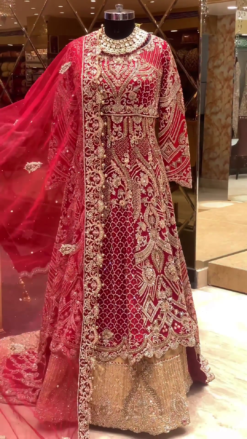 Red Designer Long Trail Anarkali split Backside with Golden Lehenga and Embellishment - DN-1430